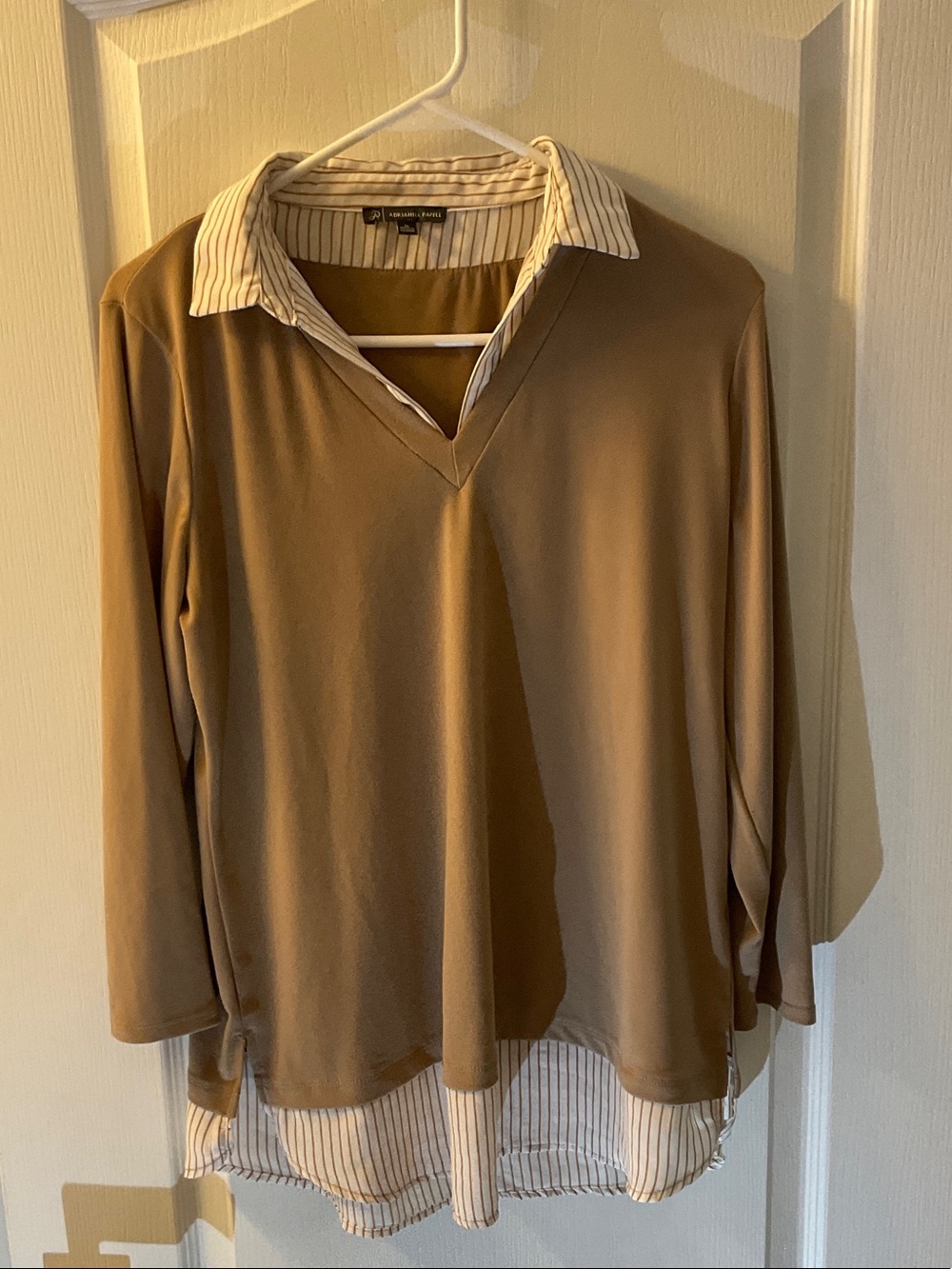 Adrianna Papell Taupe Tunic with Cream Striped Collar